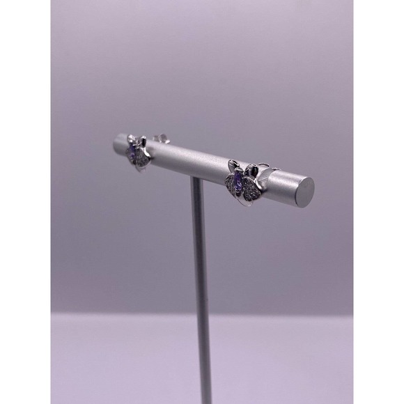 Beautiful Butterfly Sterling Silver Earrings With White CZ And Main Purple CZ - Picture 2 of 4
